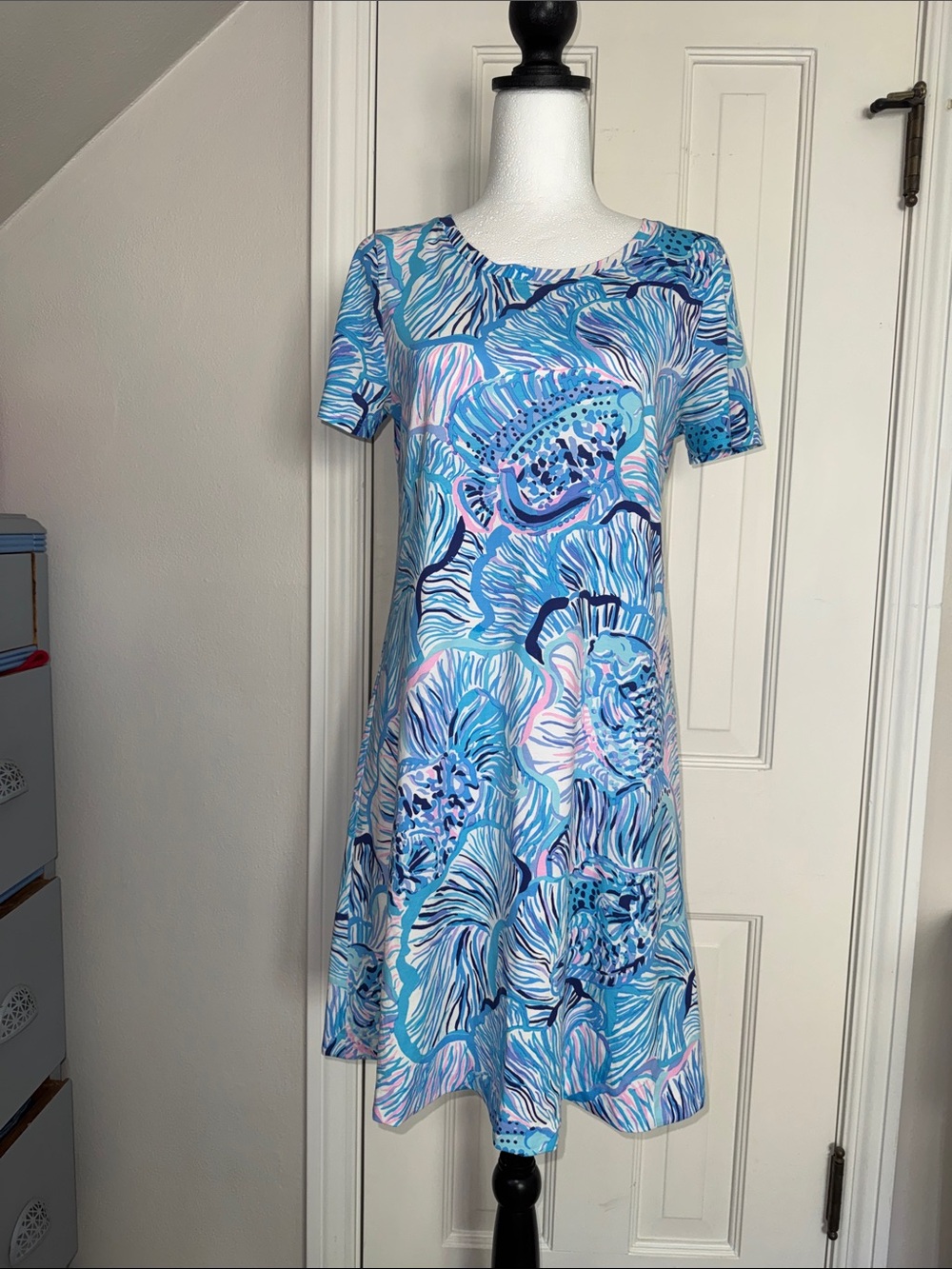 Lilly Pulitzer Blue and Pink Floral Short-Sleeve Mini Shift Dress